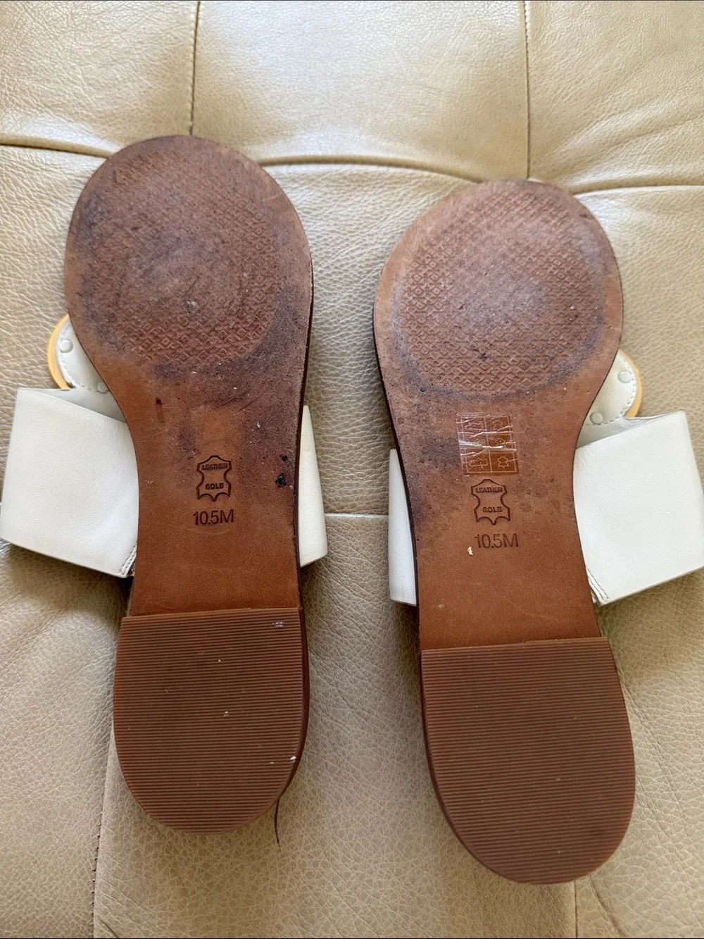 Tory Burch White Leather Slide Sandals with Gold Discs and Tan Footbed
